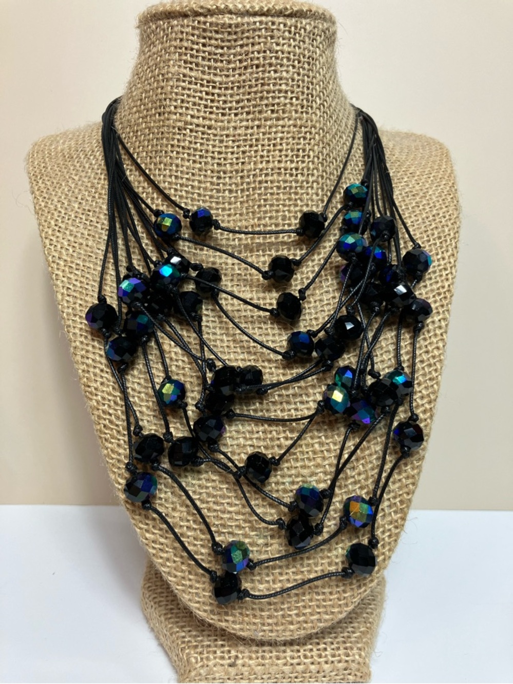 🔷$9 Multi-Strand Black Necklace with Iridescent Faceted Beads